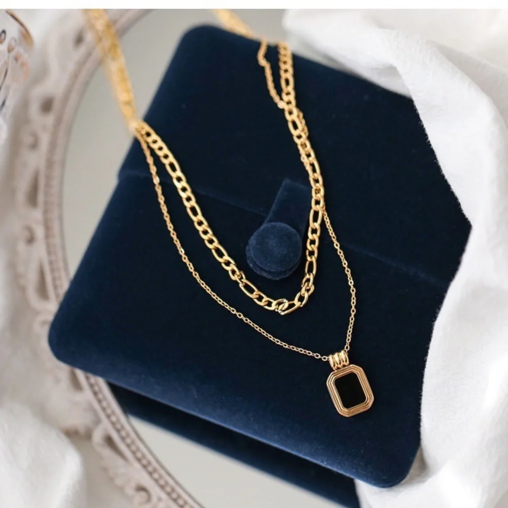 Mother of pearl pendant necklace, double layered necklace, figaro chain necklace